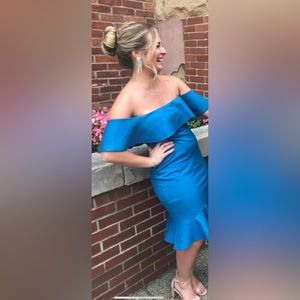 Blue off the shoulder semi-formal dress